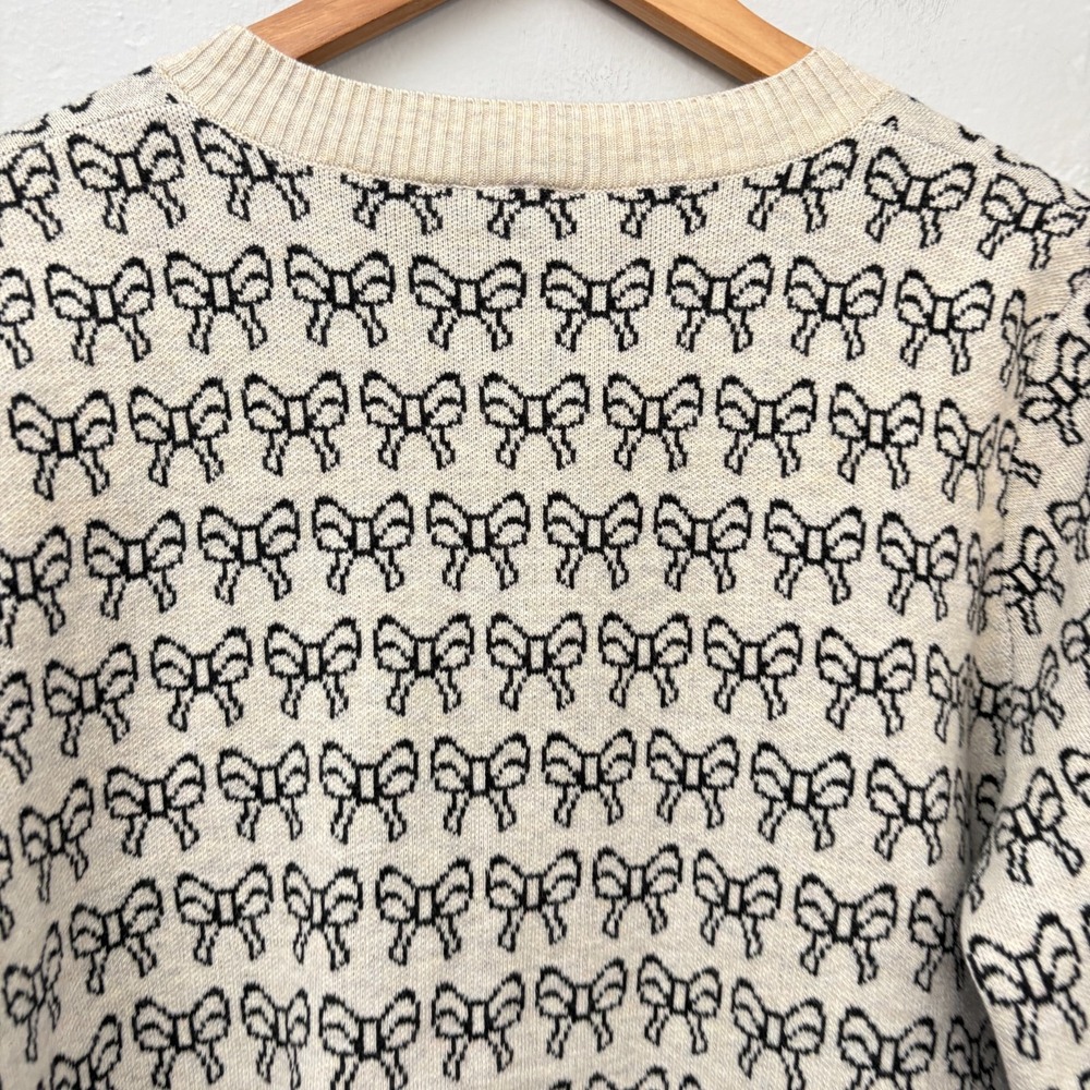 ICHI Ihbrielle Knit Cardigan Women Size Medium Bows Beige Black Button Up - Picture 12 of 15